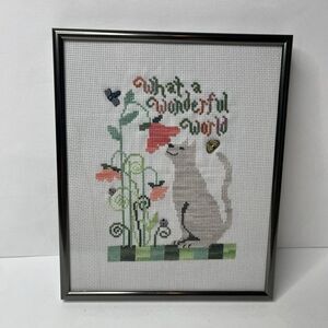 Vintage Needlepoint What A Wonderful World Cat Framed Wall Art Granny Core 10x8”